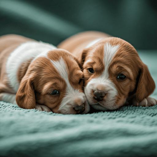 A close-up of two puppies cuddling on a soft sage green blanket. The lighting is diffused and cozy, highlighting the soft textures and peaceful mood.
